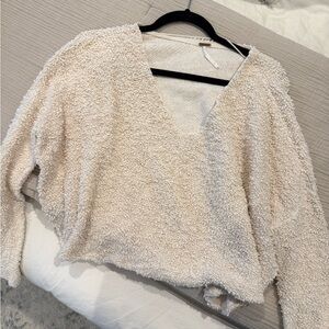 Free People Cream V-Neck Sweater with Teddy Texture